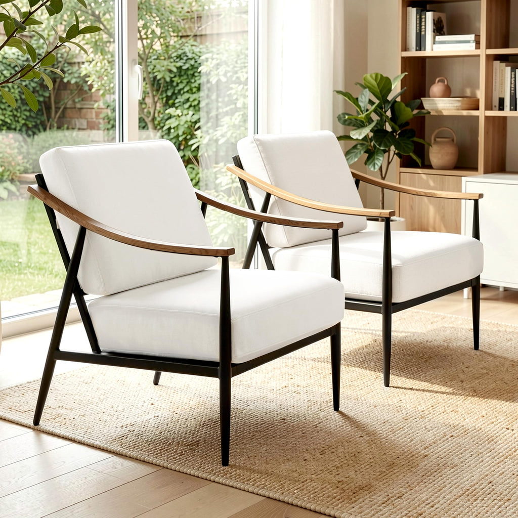 RNKSFX Modern Accent Chairs Set of 2 for Living Room Bedroom Mid Century Arm Chairs Upholstered Office Accent Chairs Comfy Waiting Room Chairs with Metal Frame, Beige