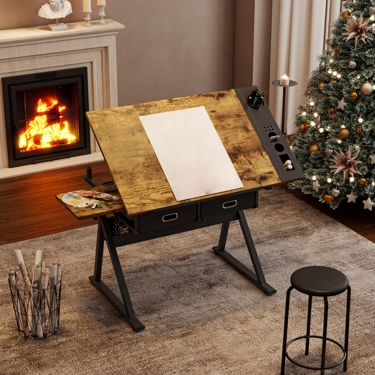 Adjustable Drafting Table with Stool, 0-75Â° Tilting Art Desk, White
