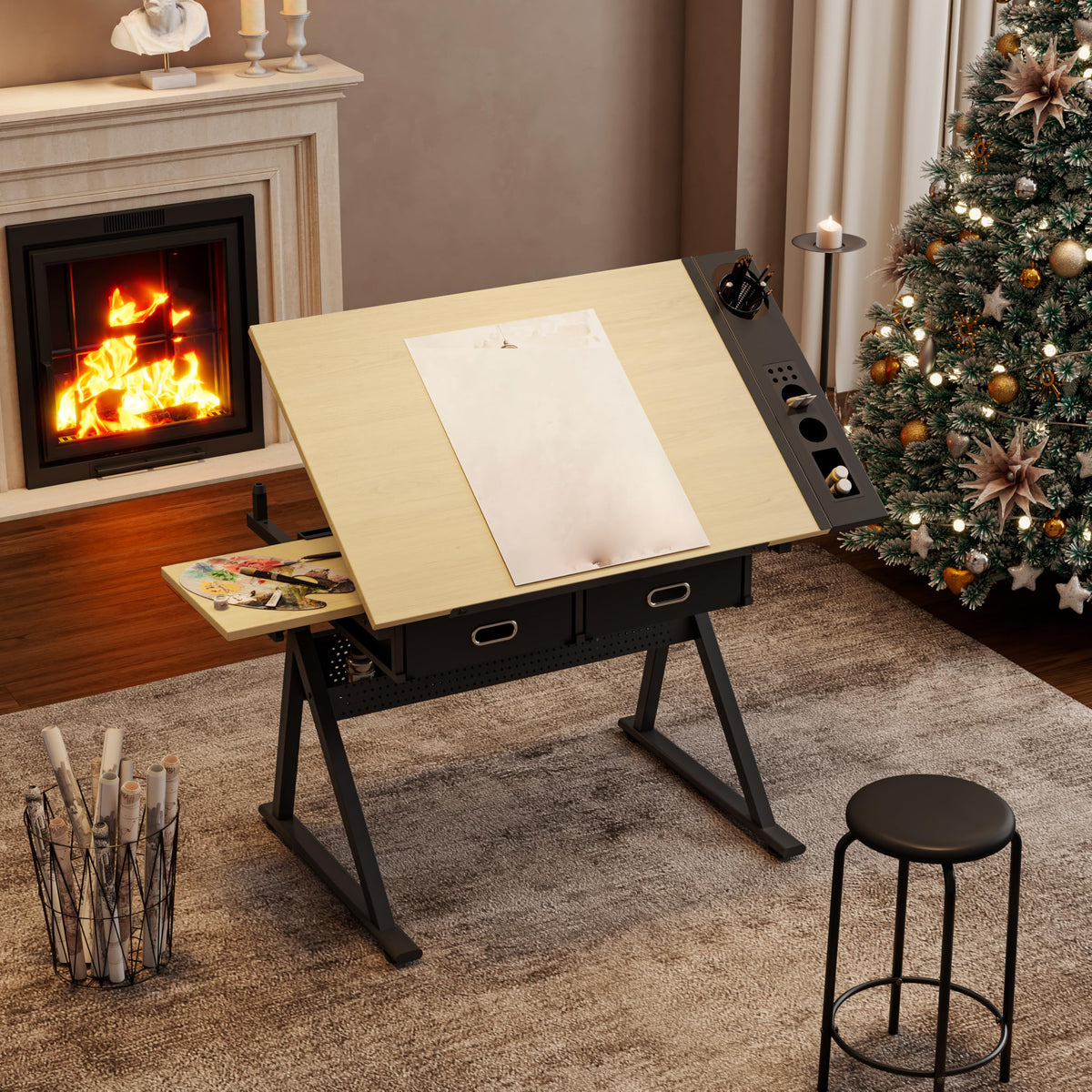 Adjustable Drafting Table with Stool, 0-75Â° Tilting Art Desk, White