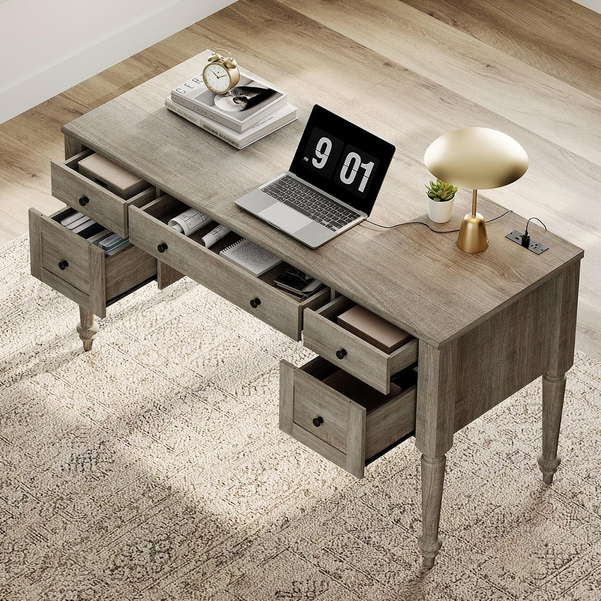 WAMPAT Home Office Furniture Set, 56'' Executive Desk with Charging Station, 72" Tall Bookcase with 4 Doors and 2 Drawers, Wood Computer Desk with File Cabinet Storage, Open Shelf, Wash Grey