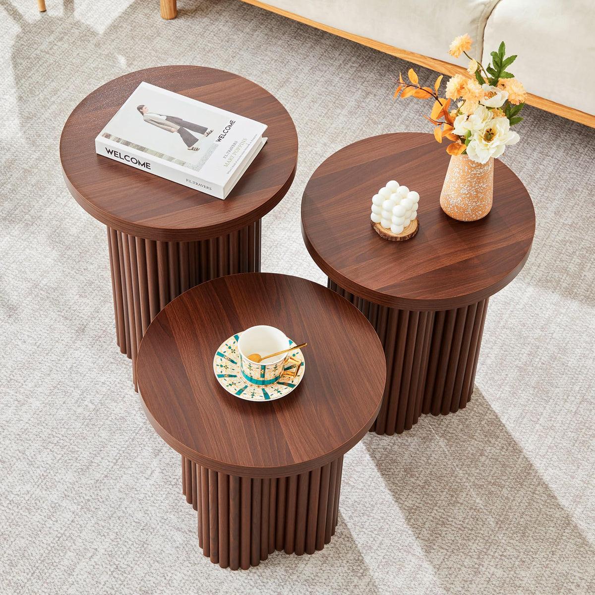 Round Nesting Coffee Table Set of 3 Fluted Coffee Table (Natural)