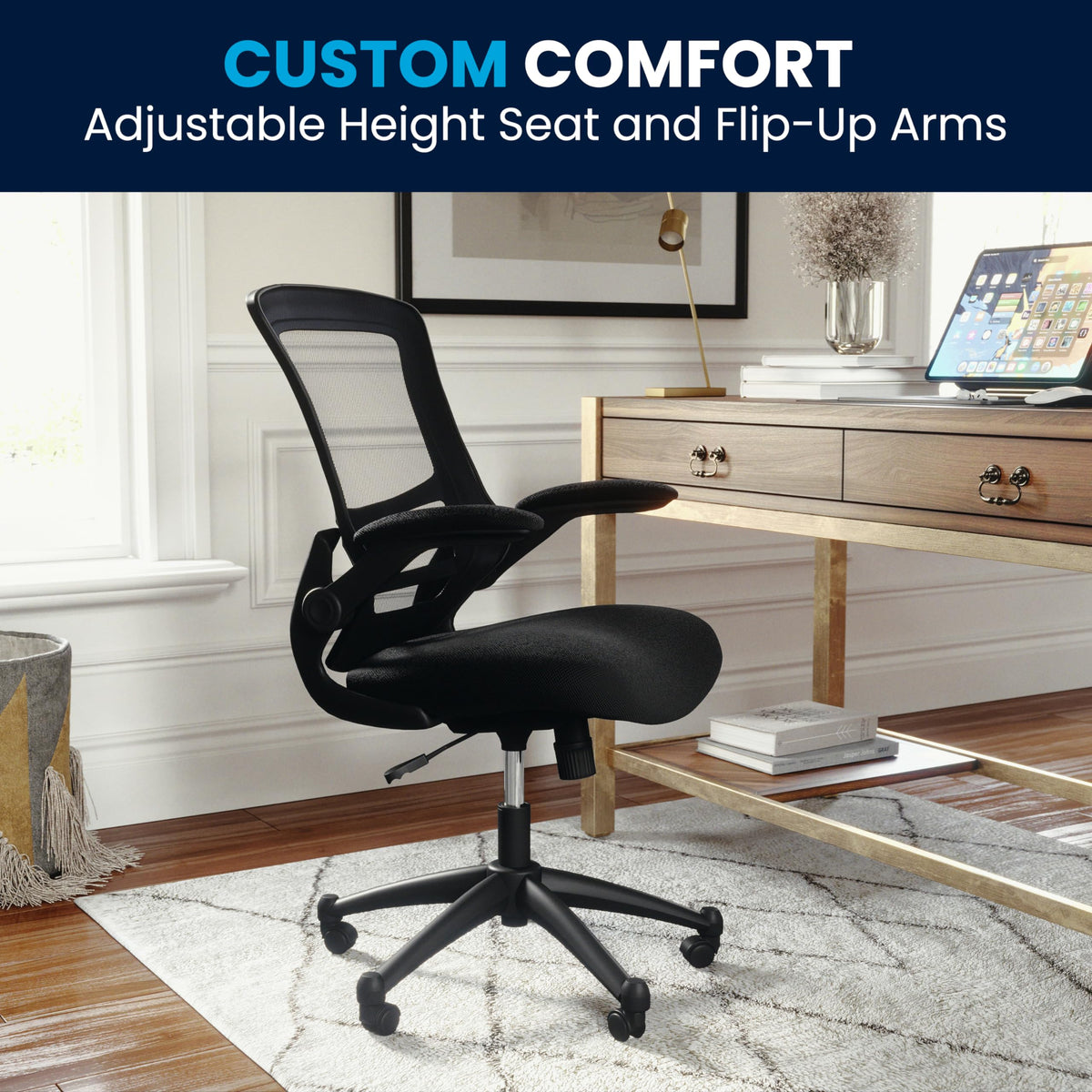 Flash Furniture Set of 4 Mid-Back Swivel Ergonomic Task Office Chairs with Flip-Up Arms, Black Mesh