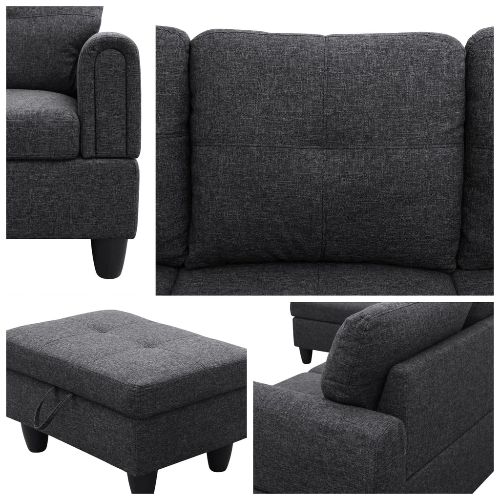 97.5" L-Shaped Modular Sectional Sofa with Movable Chaise & Storage Ottoman, 3 Piece Convertible Leather Couch, 4 Seat Gloss Black Living Room Furniture Set for Apartment Home Office