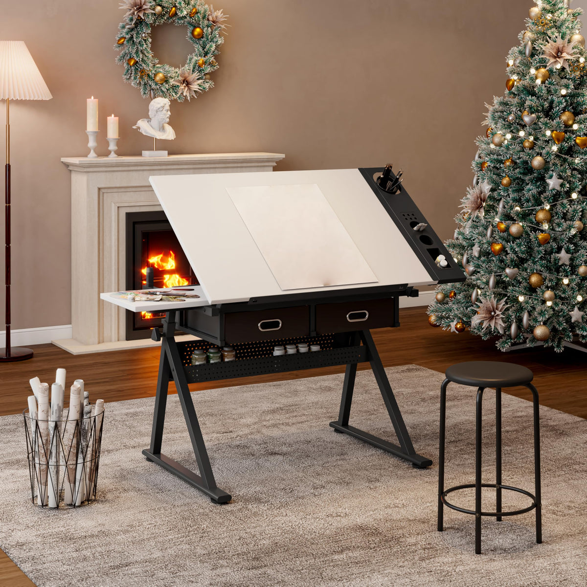 Adjustable Drafting Table with Stool, 0-75Â° Tilting Art Desk, White