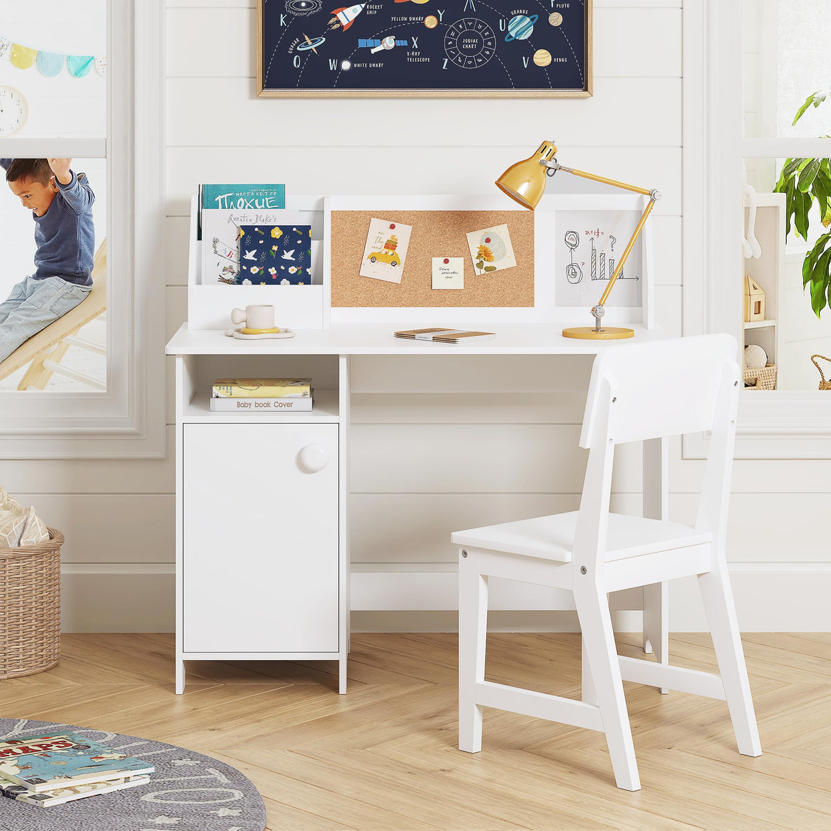 UTEX Wooden Kids Desk and Chair Set with Hutch and Storage for Ages 5-12