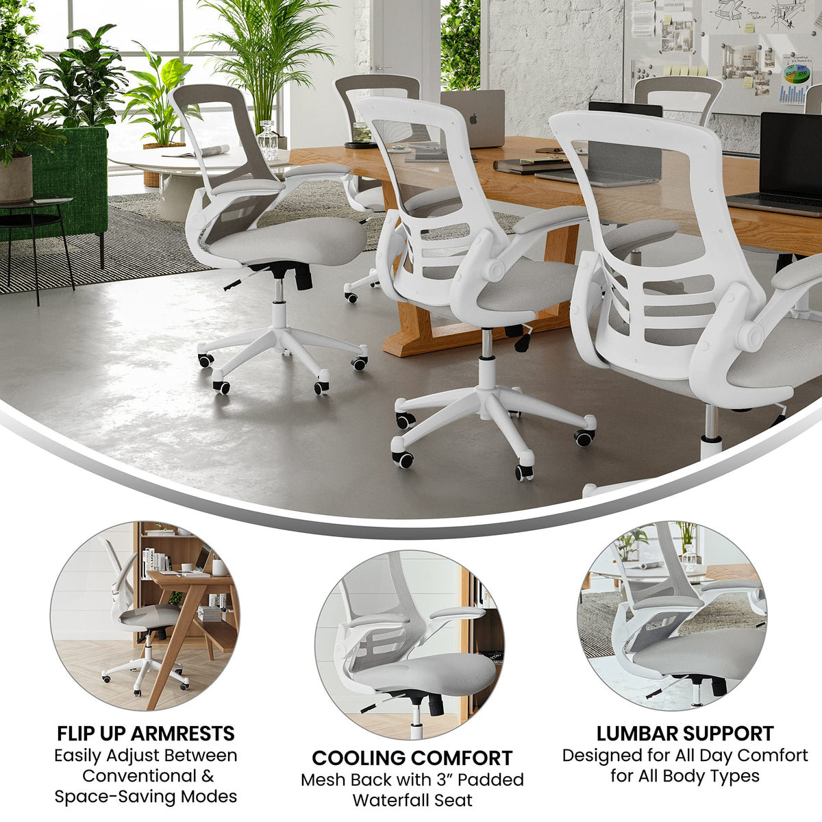 Flash Furniture Set of 4 Mid-Back Swivel Ergonomic Task Office Chairs with Flip-Up Arms, Black Mesh