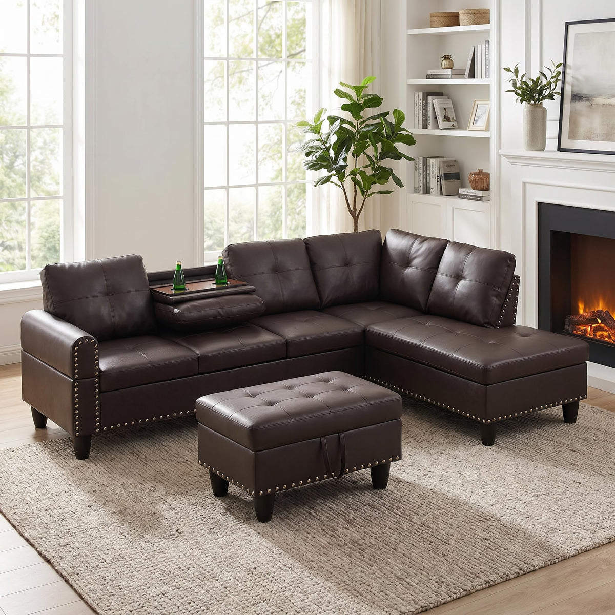 97.5" Leather L Shaped Couch with Left Chaise & Cup Holder, Sectional Sofas Modular Furniture Set with Storage Ottoman, Convertible Couches for Living Room, Office & Small Space (Black)