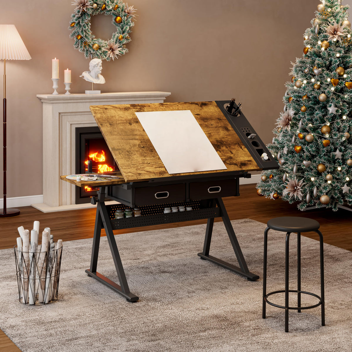 Adjustable Drafting Table with Stool, 0-75Â° Tilting Art Desk, White