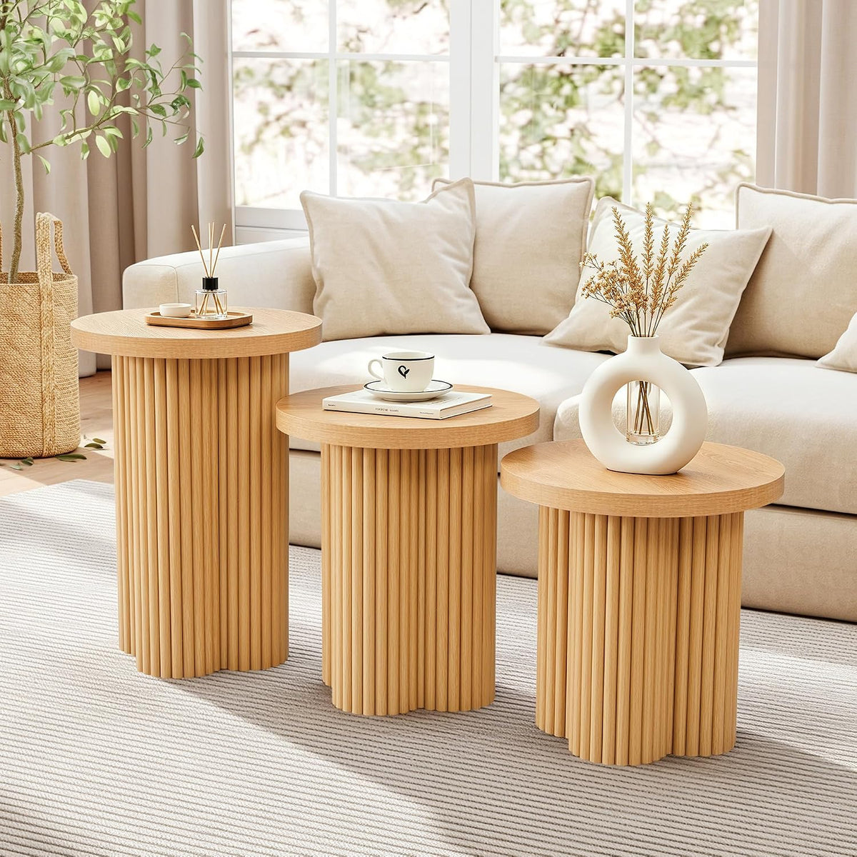 Round Nesting Coffee Table Set of 3 Fluted Coffee Table (Natural)