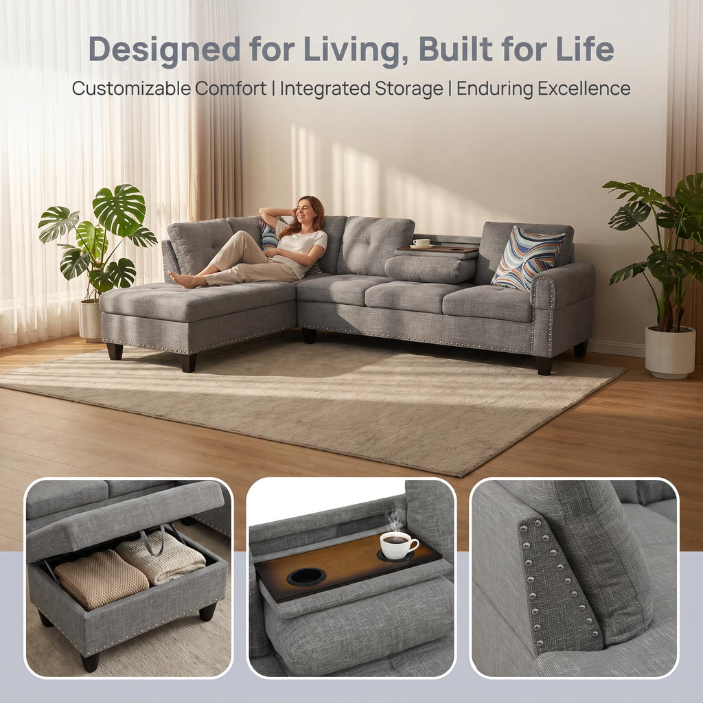 97.5" Leather L Shaped Couch with Left Chaise & Cup Holder, Sectional Sofas Modular Furniture Set with Storage Ottoman, Convertible Couches for Living Room, Office & Small Space (Black)