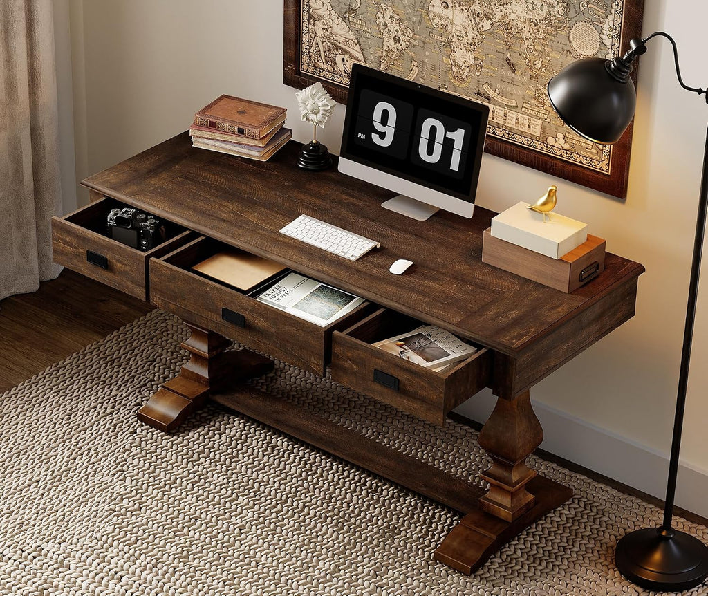 WAMPAT 60-inch Vintage Farmhouse Desk with Charging Station &3 Deep Drawers