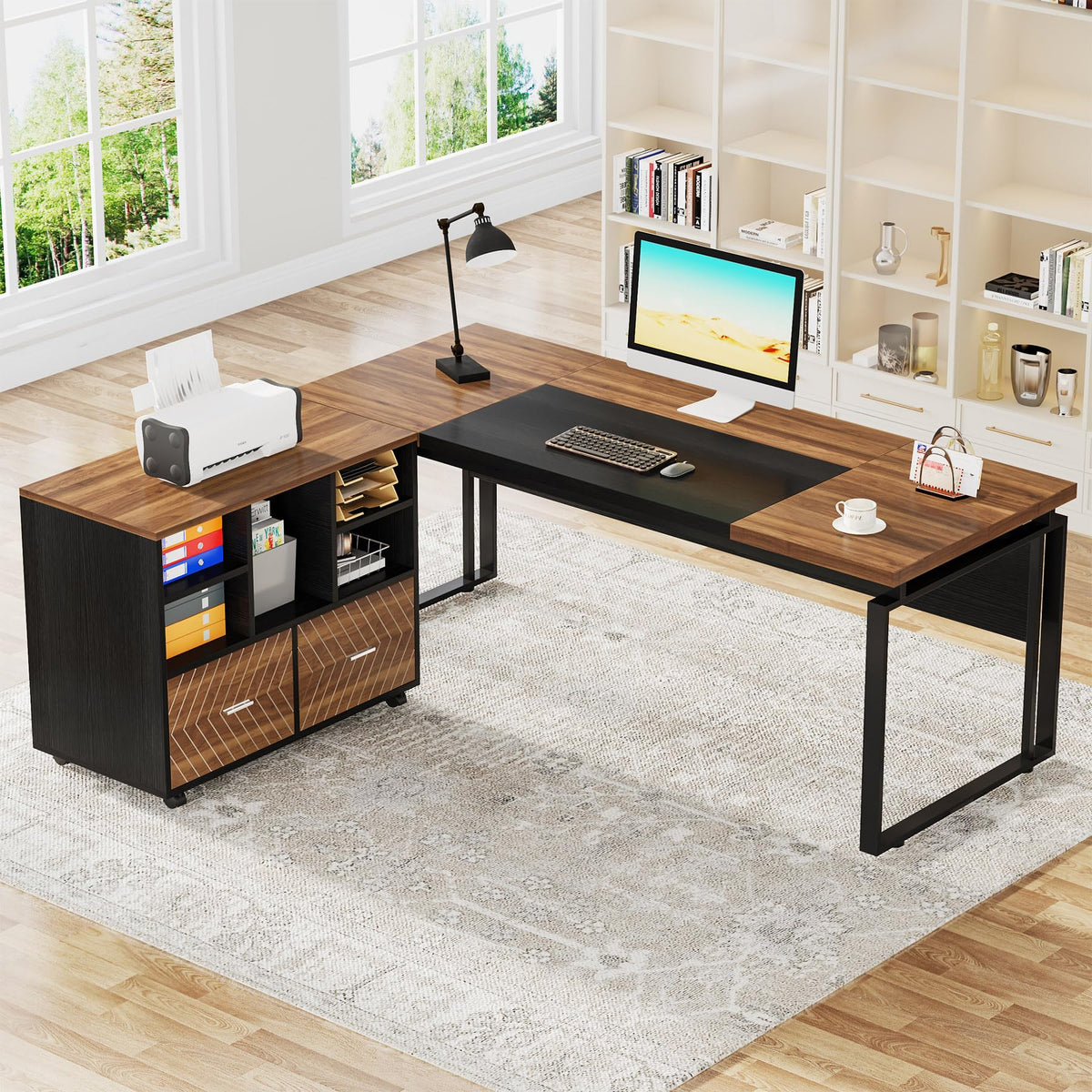 Tribesigns L-Shaped Executive Desk with Reversible File Cabinet, 63" Office Desk with Storage Drawers, Computer Desk Set (Oak Karo & White)