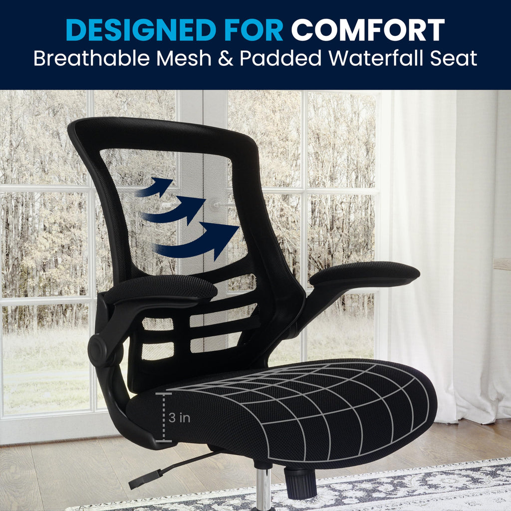 Flash Furniture Set of 4 Mid-Back Swivel Ergonomic Task Office Chairs with Flip-Up Arms, Black Mesh