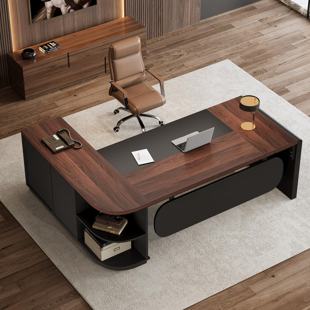 Tribesigns 81-Inch L-Shaped Office Desk, Large Commercial Office Desk with Drawers and File Cabinet, Modern Professional Business Furniture Workstations with Storage Shelves, Brown & Black
