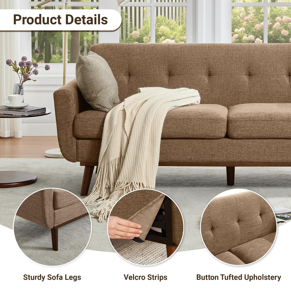 Kingfun 2 Piece Loveseat and Sofa Sets, Mid Century Modern Love Seat Couches for Living Room, Button Tufted Upholstered Furniture, Small Couch for Bedroom, Office, Beige