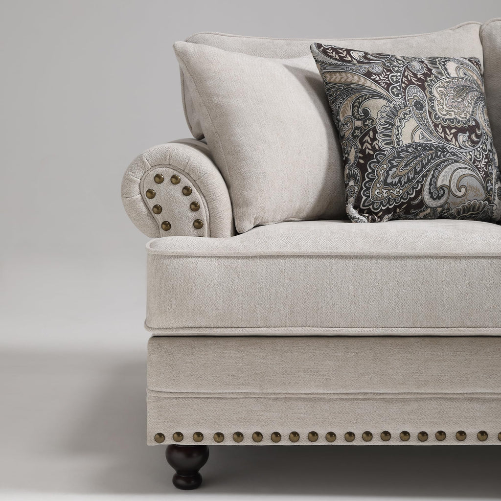Modern Farmhouse Loveseat Sofa, Chenille Upholstery with Nailhead Trim, Small Couch for Living Room, Bedroom, Office, or Apartment, Includes 4 Accent Pillows