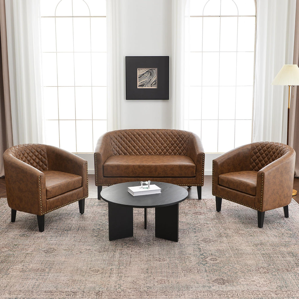KINWELL 29" W Faux Leather Tufted PU Barrel Club Chairs Set of 2, Black
