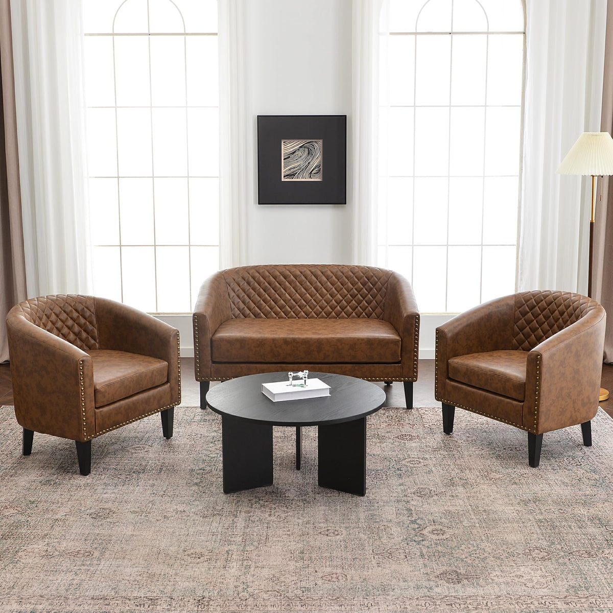 KINWELL 29" W Faux Leather Tufted PU Barrel Club Chairs Set of 2, Black
