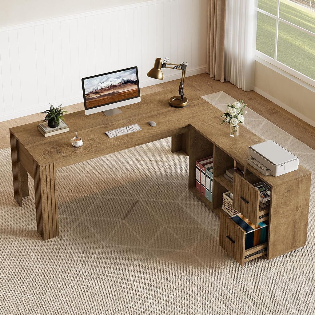 Tribesigns 63" L Shaped Executive Desk with Mobile File Cabinet, Brown