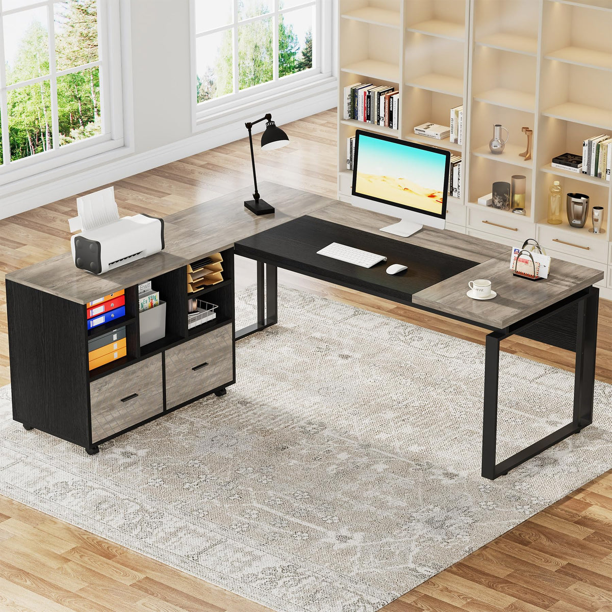 Tribesigns L-Shaped Executive Desk with Reversible File Cabinet, 63" Office Desk with Storage Drawers, Computer Desk Set (Oak Karo & White)