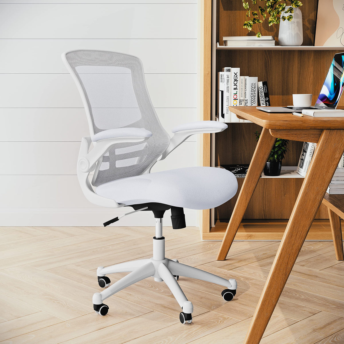 Flash Furniture Set of 4 Mid-Back Swivel Ergonomic Task Office Chairs with Flip-Up Arms, Black Mesh
