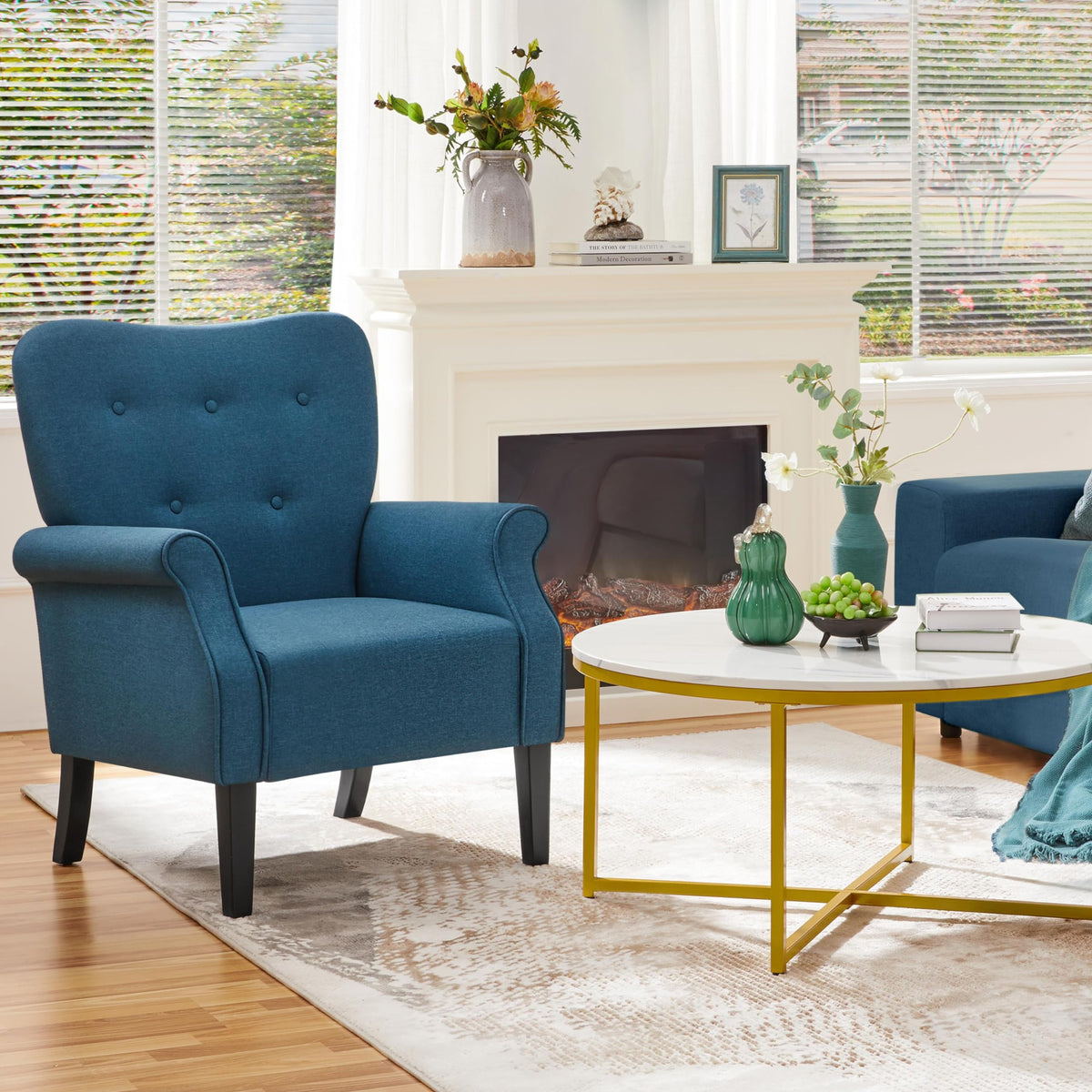 Yaheetech High Back Accent Chair Set of 2 with Rolled Arms, Navy Blue
