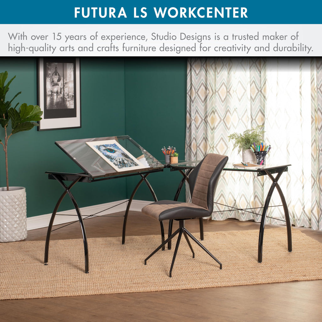 SD STUDIO DESIGNS Futura LS WorkCenter with Tilt Top Adjustable Drafting Table Craft Table Drawing Desk Hobby Table Writing Desk Studio Desk, Silver / Blue Glass