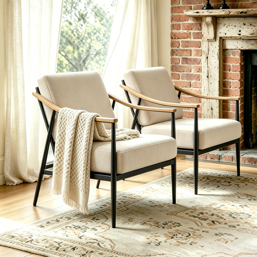 RNKSFX Modern Accent Chairs Set of 2 for Living Room Bedroom Mid Century Arm Chairs Upholstered Office Accent Chairs Comfy Waiting Room Chairs with Metal Frame, Beige