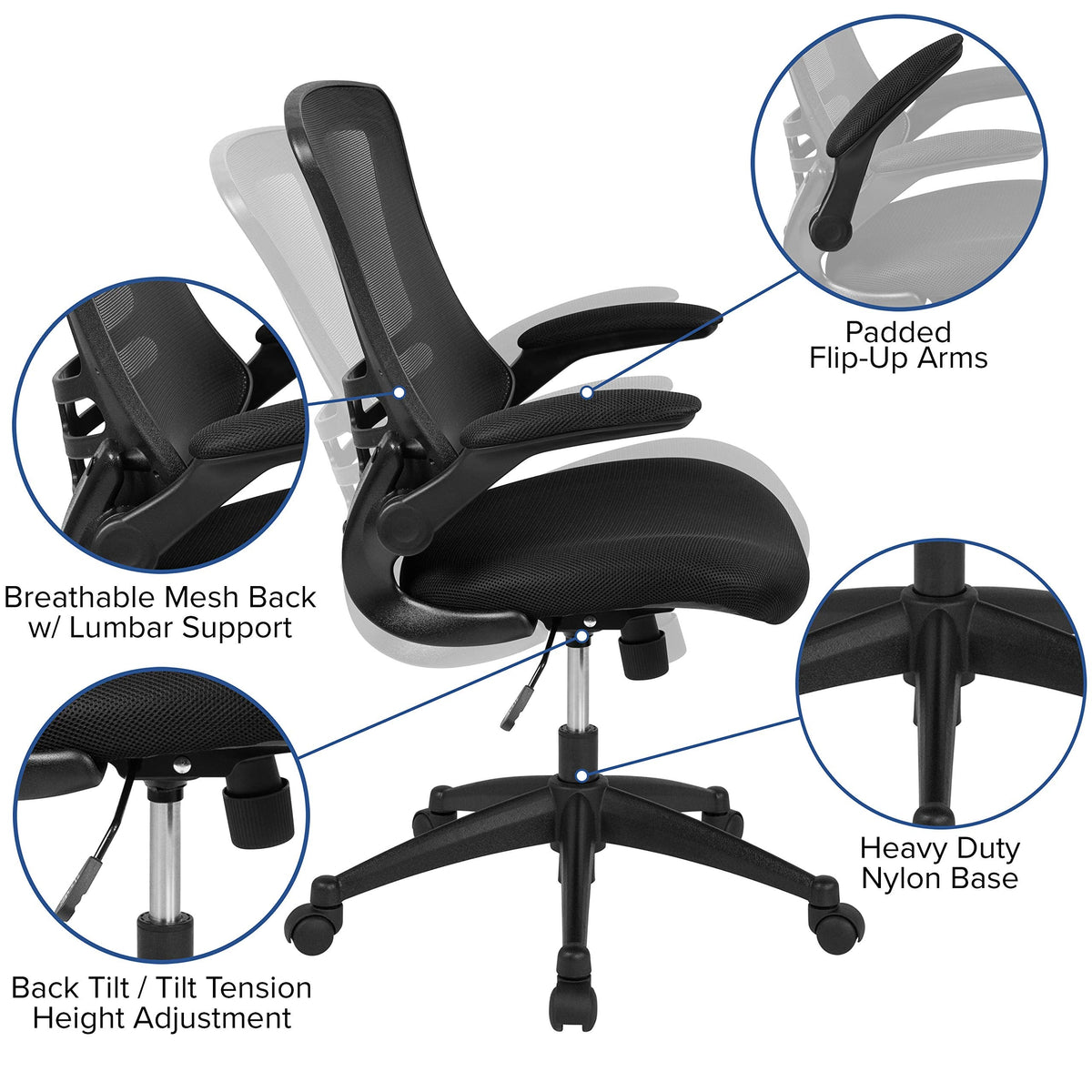 Flash Furniture Set of 4 Mid-Back Swivel Ergonomic Task Office Chairs with Flip-Up Arms, Black Mesh