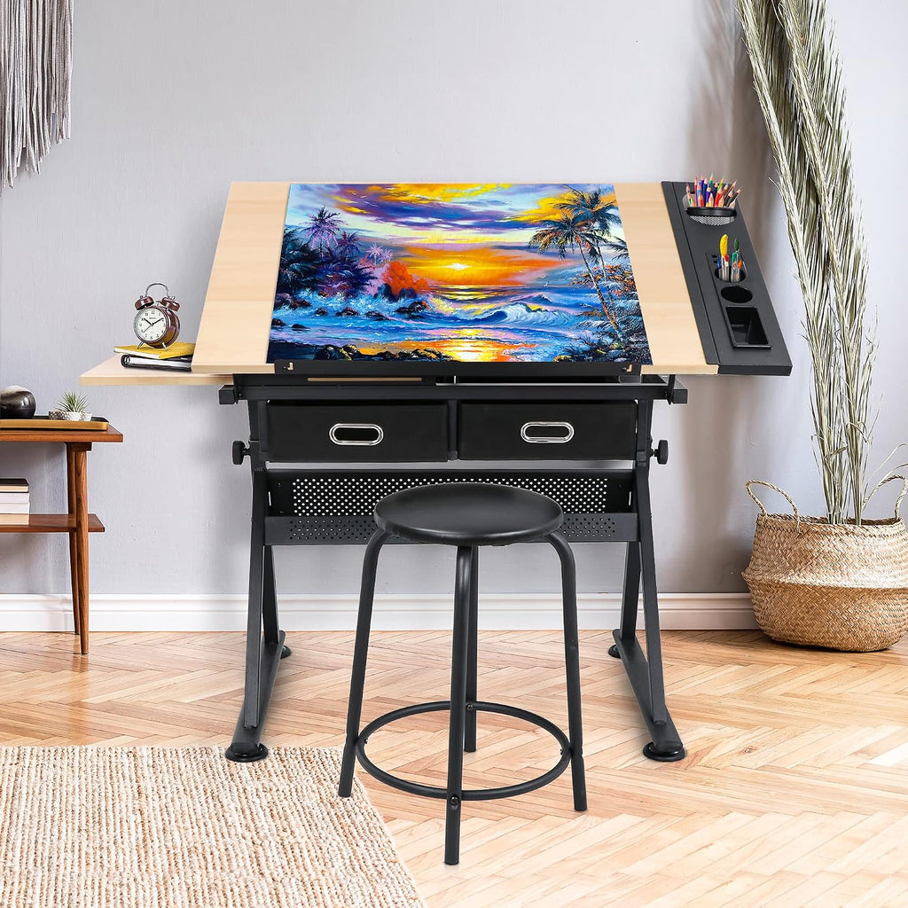 NOVA MICRODERMABRASION Adjustable Height Drafting Desk Drawing Table Tiltable Tabletop for Reading, Writing Art Craft w/Stool and Drawers