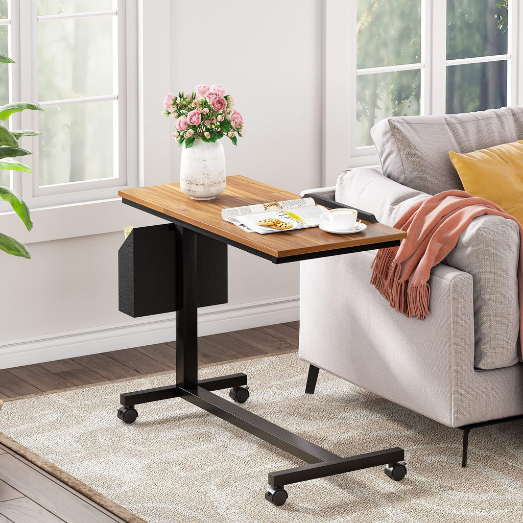 Tribesigns Height Adjustable C Shaped End Table with Wheels and Side Pocket, Mobile Sofa Snack Table with Tiltable Drawing Board, Laptop Side Tray Table for Couch Bed (Rustic Brown)