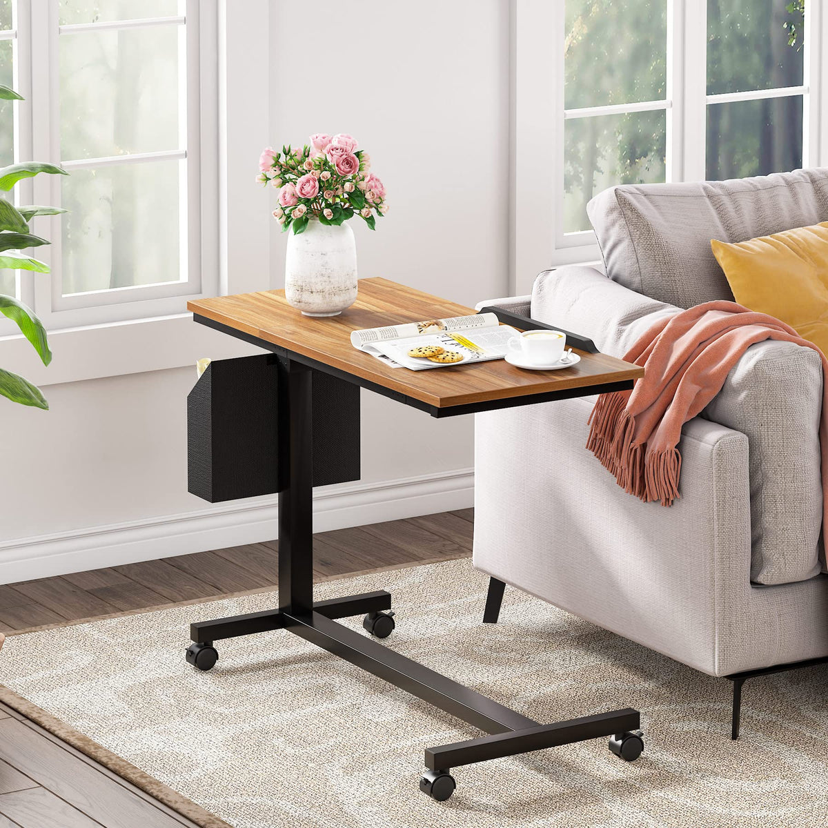 Tribesigns Height Adjustable C Shaped End Table with Wheels and Side Pocket, Mobile Sofa Snack Table with Tiltable Drawing Board, Laptop Side Tray Table for Couch Bed (Rustic Brown)