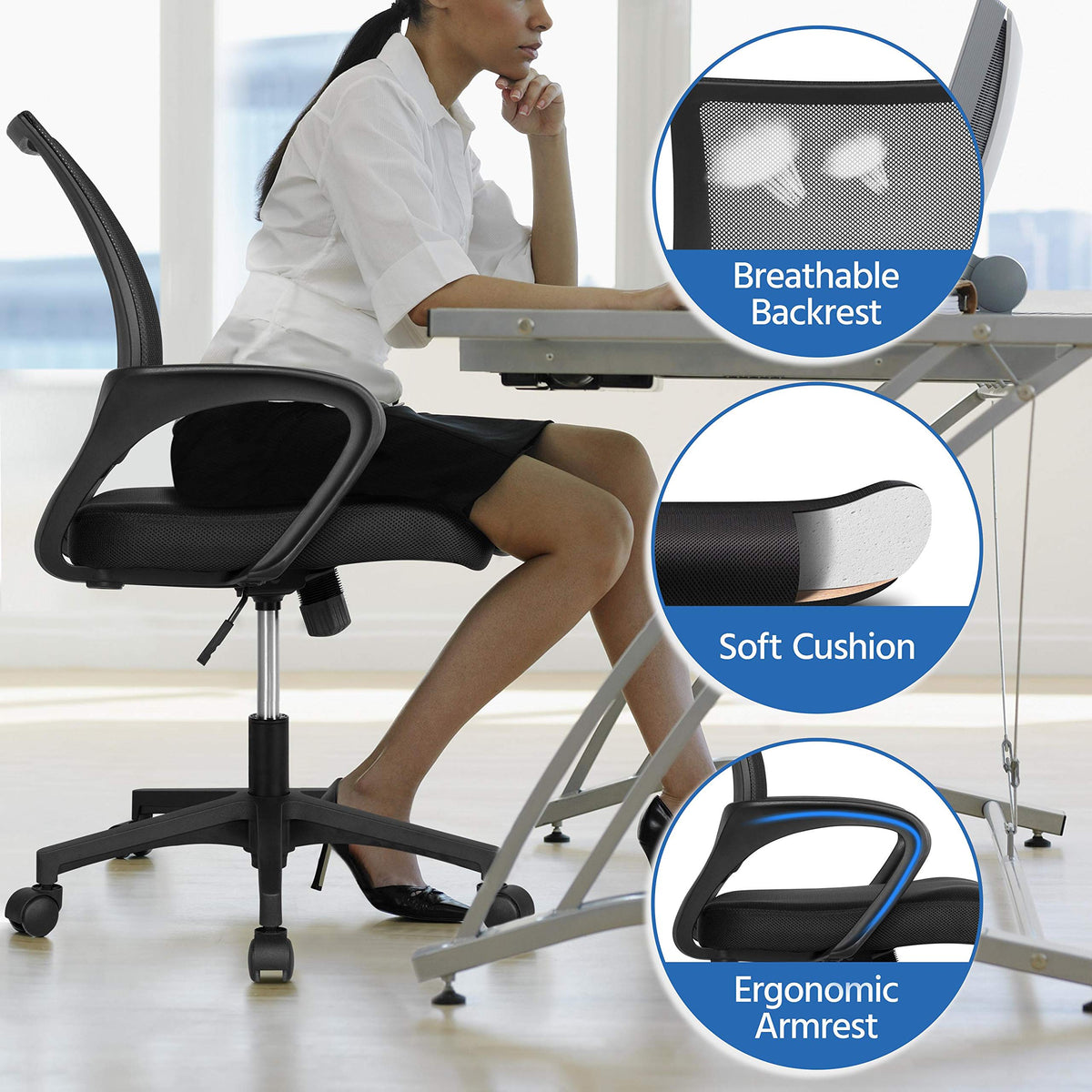 Yaheetech Black Computer Desk and Chair Set with Drawer, Shelves, Mesh Seat