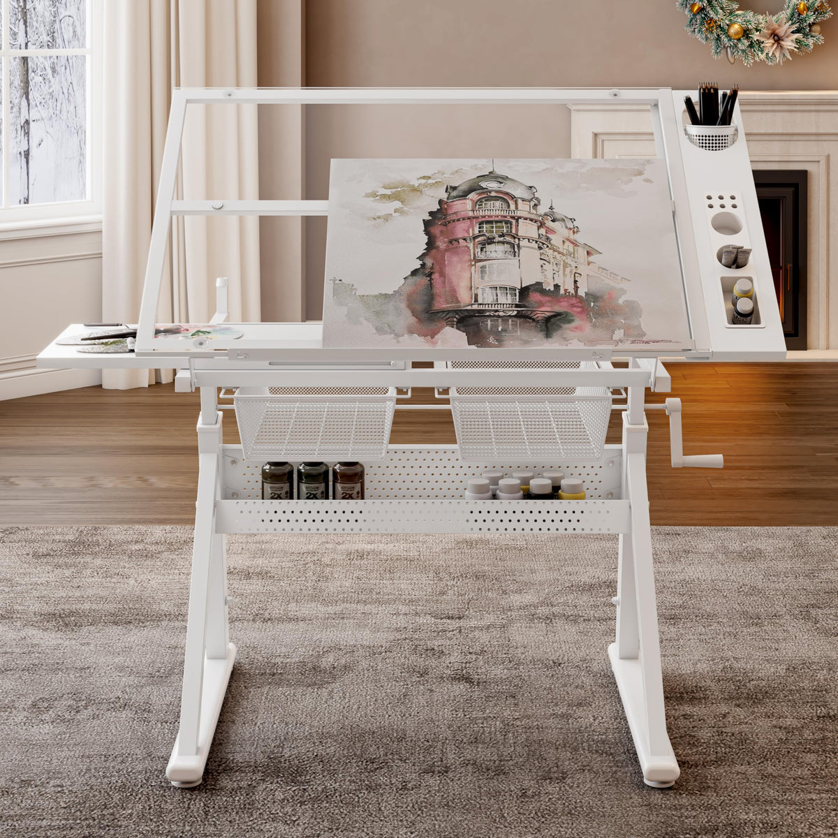 White Drafting Table with Stool, Height Adjustable Art Craft Desk with Tilting Tempered Glass Tabletop, Expansion Board, Multi-Storage, Drawing Table for Studio, Artists, Home Office, Painters, White