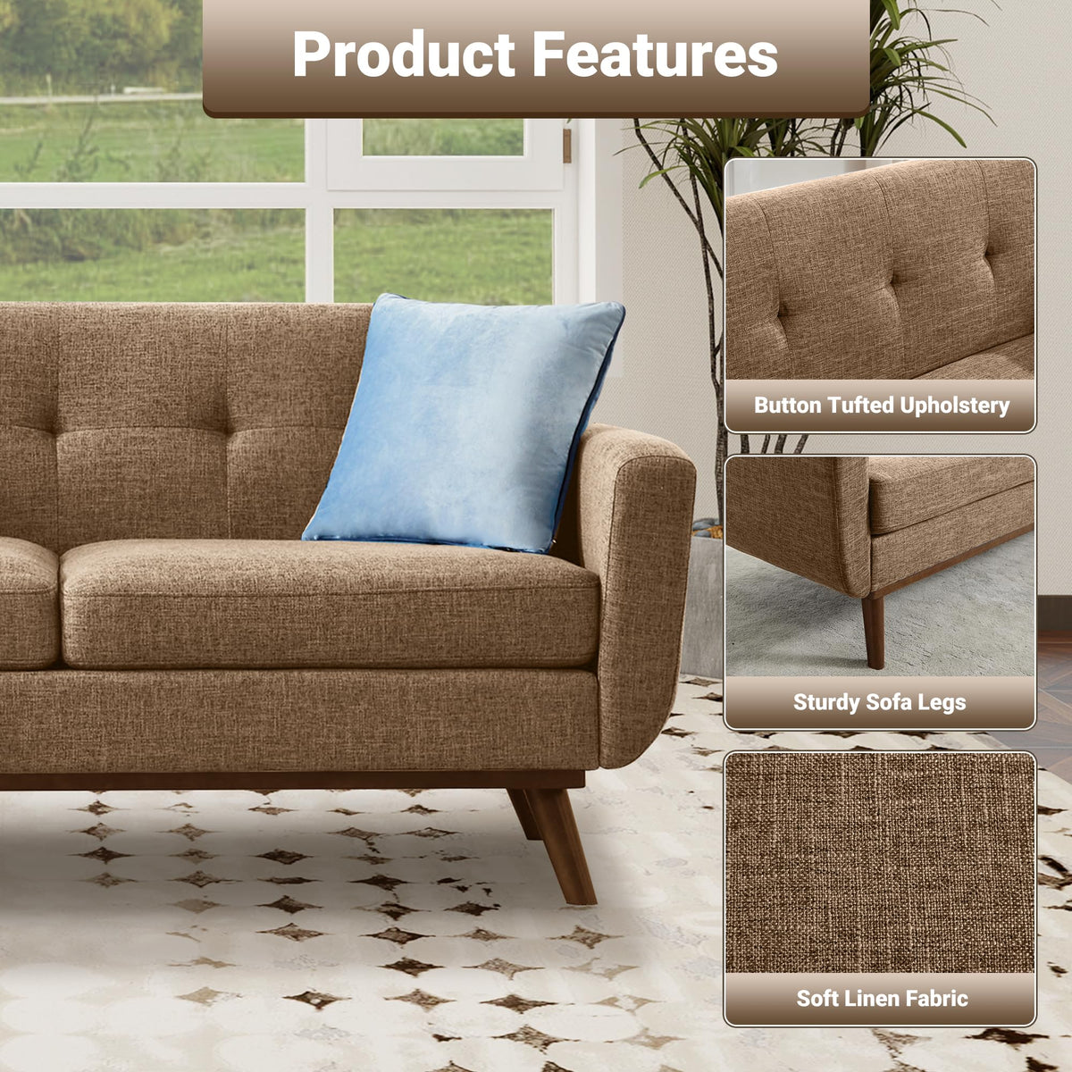 Kingfun 2 Piece Loveseat and Sofa Sets, Mid Century Modern Love Seat Couches for Living Room, Button Tufted Upholstered Furniture, Small Couch for Bedroom, Office, Beige