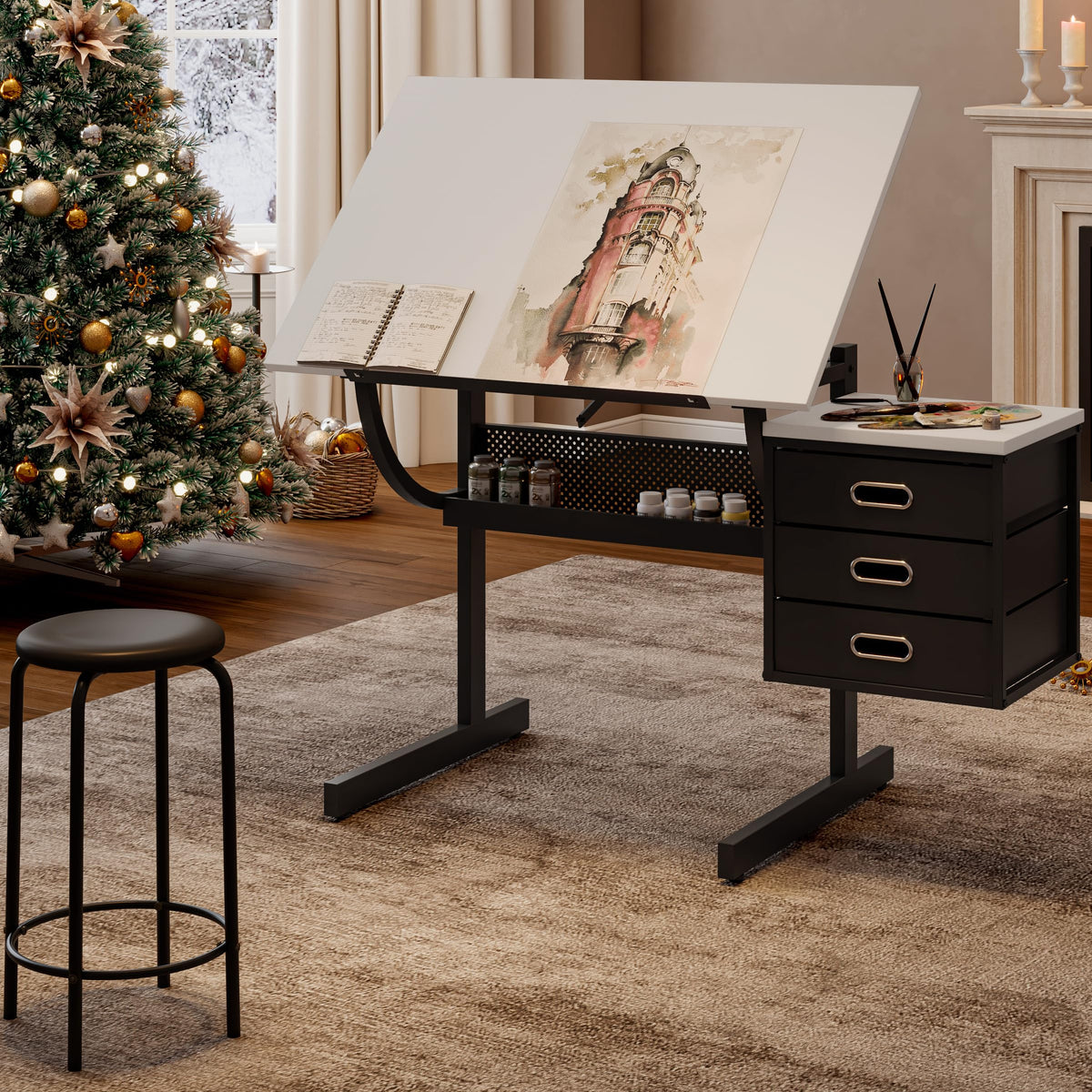 Montary Adjustable-Height Drafting Table with Stool Set - Professional Tilting Art Desk for Drawing, Crafting & Design, Featuring 3 Storage Drawers & Ergonomic Workstation (Rustic Brown)