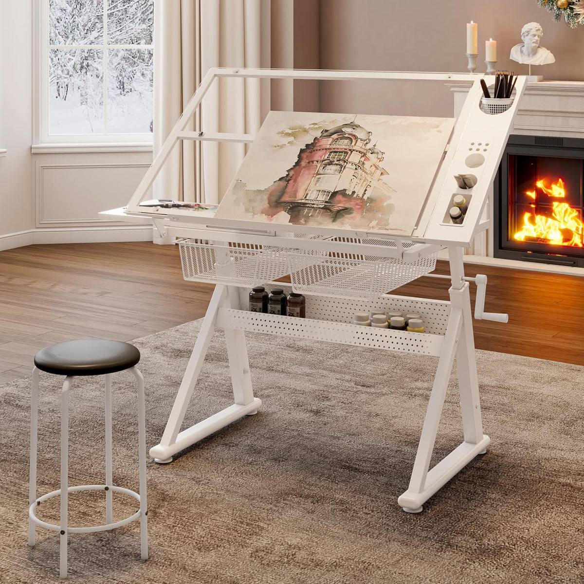 Height Adjustable Drafting Art Table for Adults, White Tempered Glass Drafting Drawing Printing Table Desk with Stool, 0-75Â° Tilting Tabletop Art Drawing Table for Drawing,Hand Crank